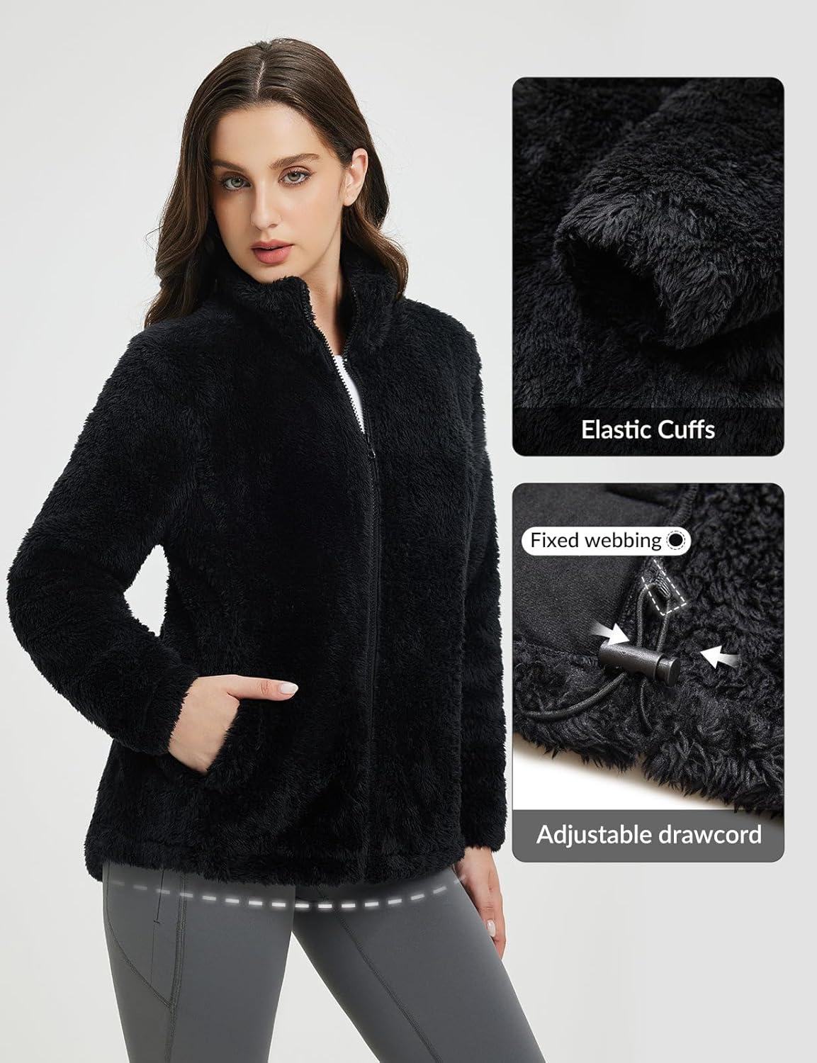 imagebaleaf Womens Fleece Full Zip Up Jacket Fuzzy Lightweight Warm Middle Layer Ski Jacket Winter CoatBlack