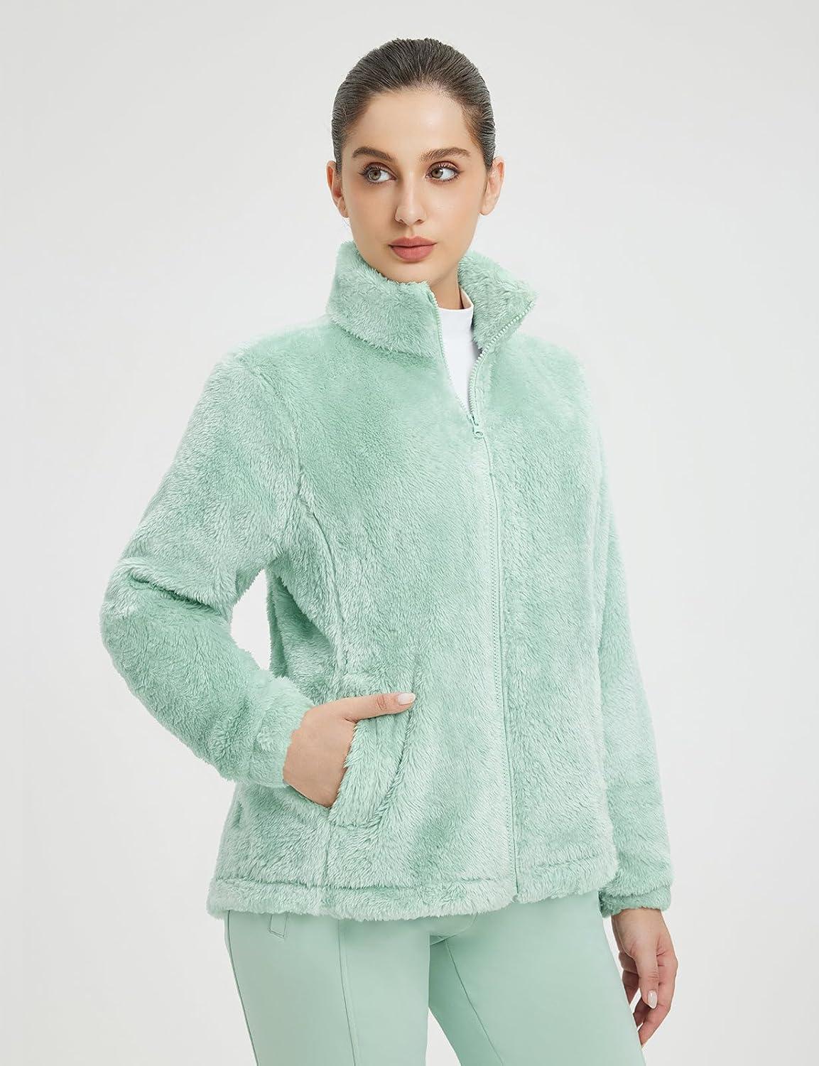 imagebaleaf Womens Fleece Full Zip Up Jacket Fuzzy Lightweight Warm Middle Layer Ski Jacket Winter CoatLight Green