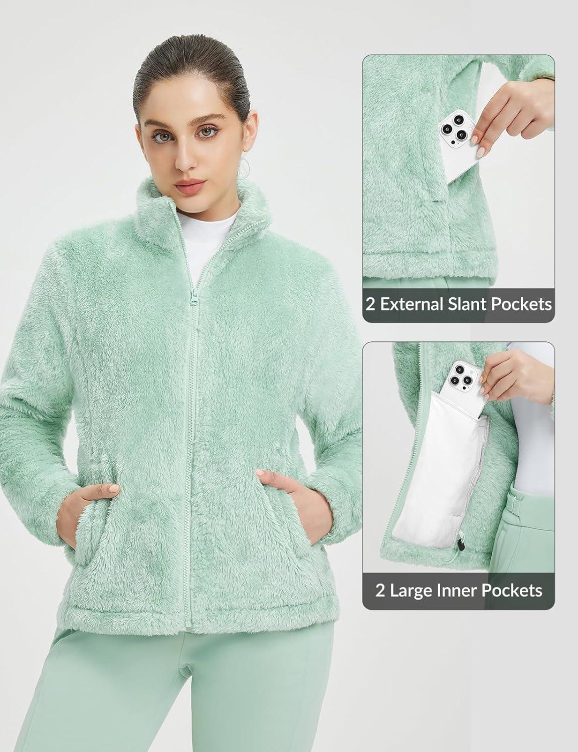 imagebaleaf Womens Fleece Full Zip Up Jacket Fuzzy Lightweight Warm Middle Layer Ski Jacket Winter CoatLight Green