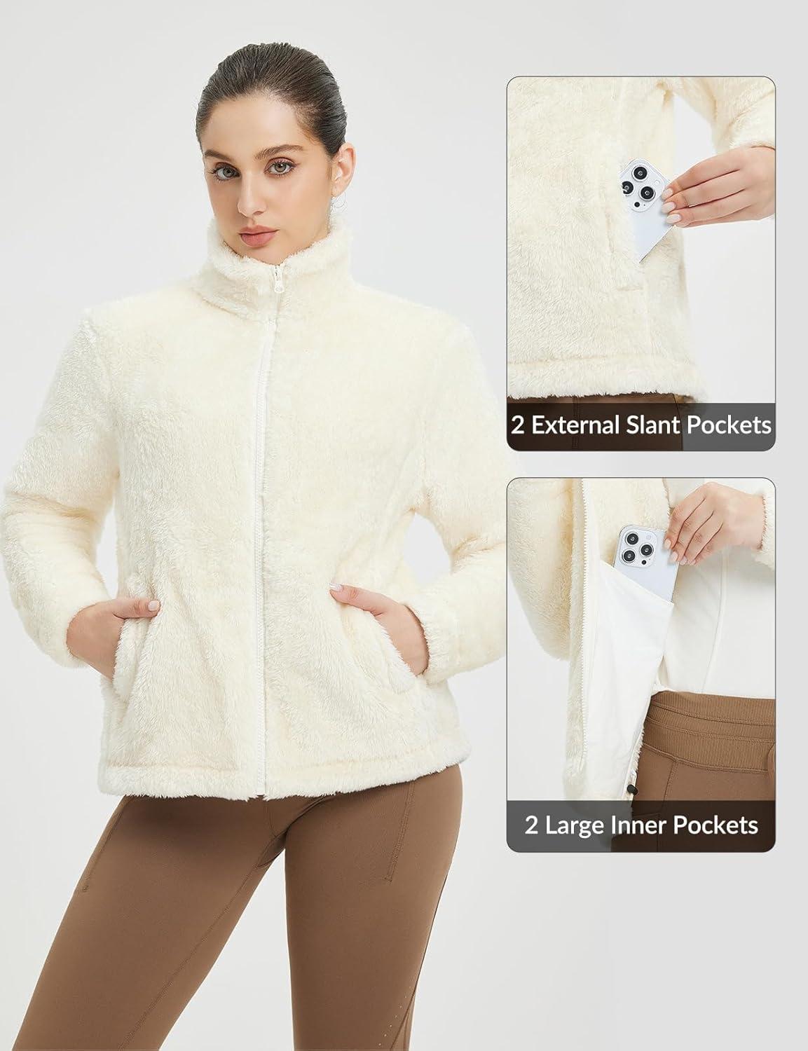 imagebaleaf Womens Fleece Full Zip Up Jacket Fuzzy Lightweight Warm Middle Layer Ski Jacket Winter CoatStar White