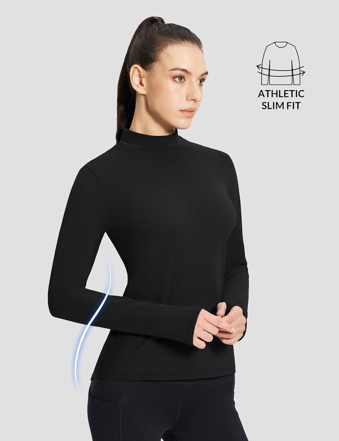 imagebaleaf Womens Thermal Long Sleeve Shirts Fleece Mock Neck Top Warm Undershirts with Detachable Neck Gaiter ThumbholesBlack