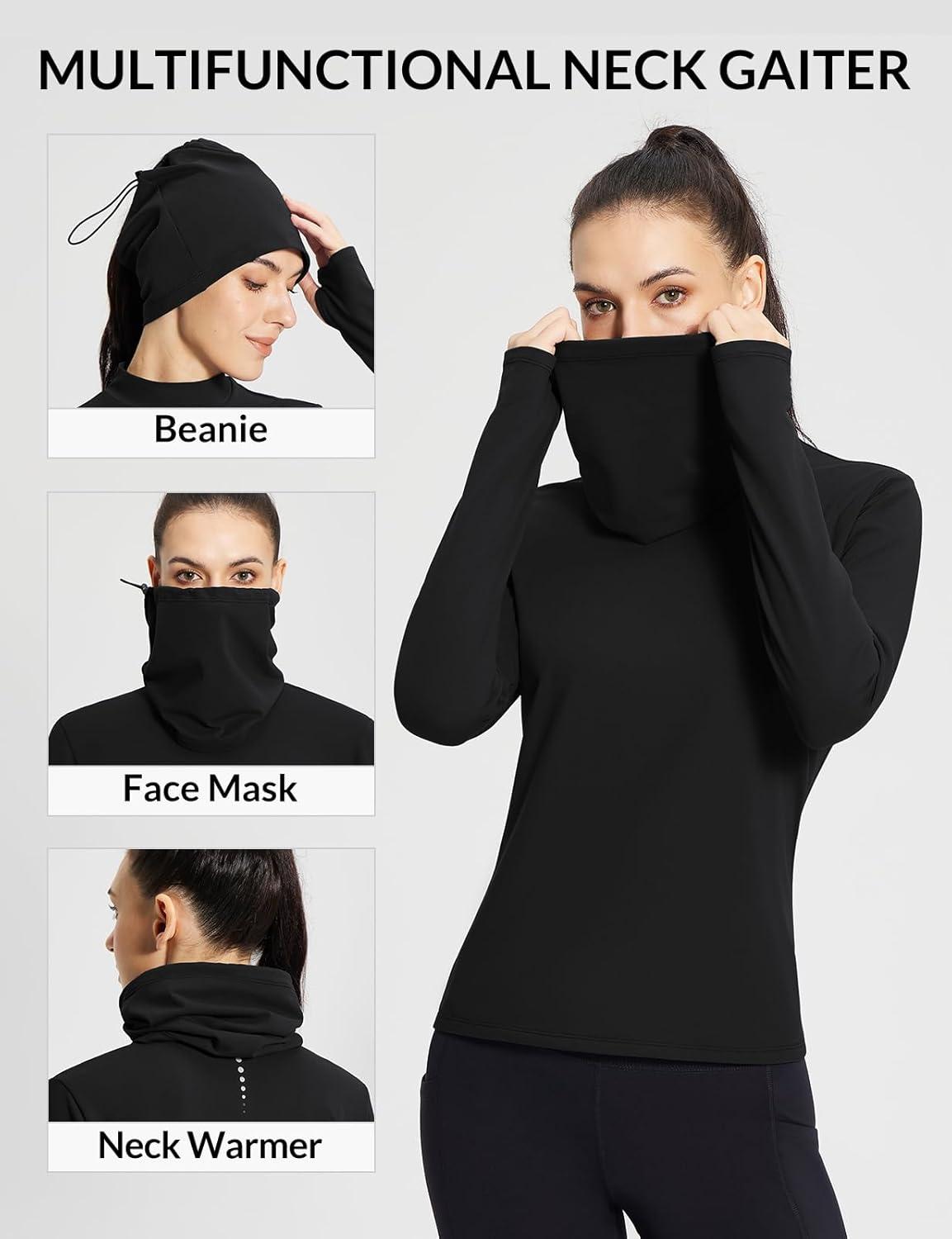 imagebaleaf Womens Thermal Long Sleeve Shirts Fleece Mock Neck Top Warm Undershirts with Detachable Neck Gaiter ThumbholesBlack