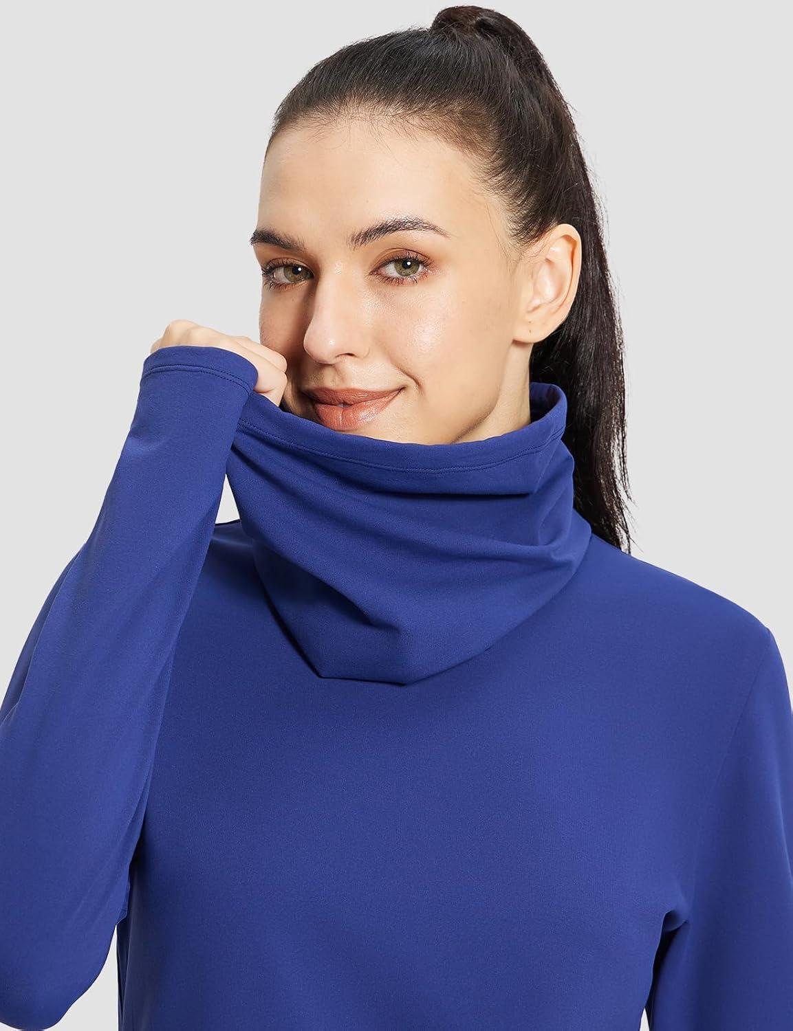 imagebaleaf Womens Thermal Long Sleeve Shirts Fleece Mock Neck Top Warm Undershirts with Detachable Neck Gaiter ThumbholesBlue