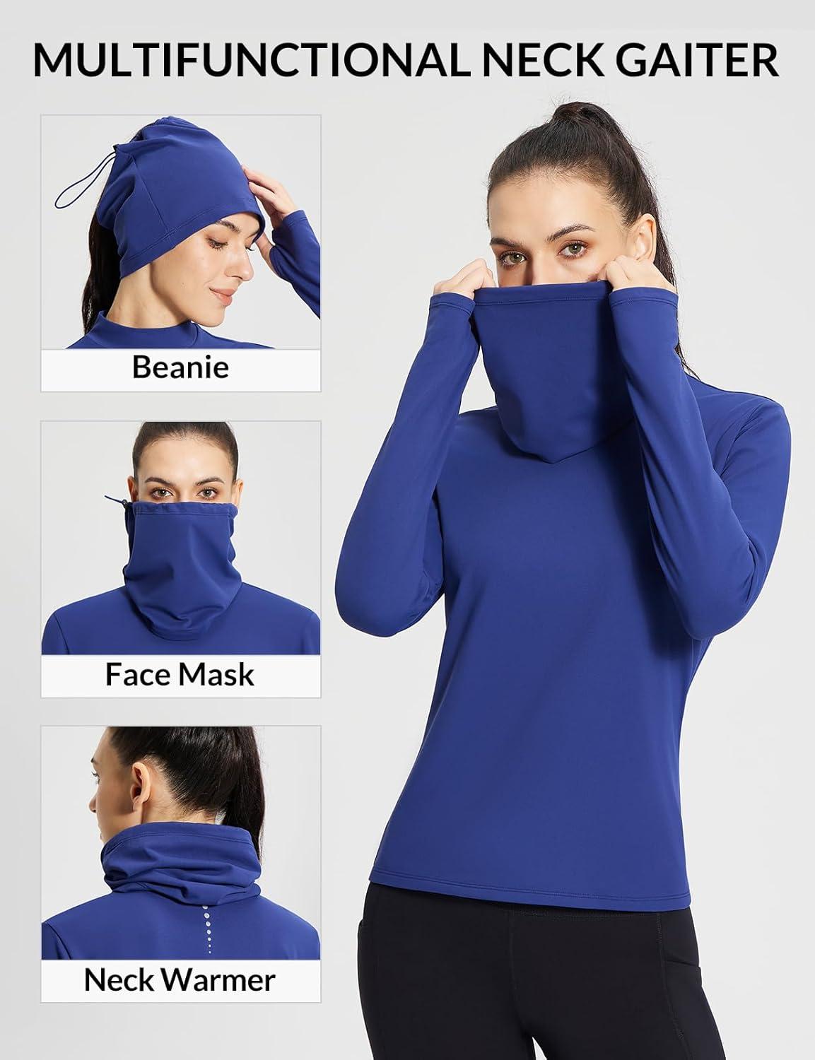 imagebaleaf Womens Thermal Long Sleeve Shirts Fleece Mock Neck Top Warm Undershirts with Detachable Neck Gaiter ThumbholesBlue
