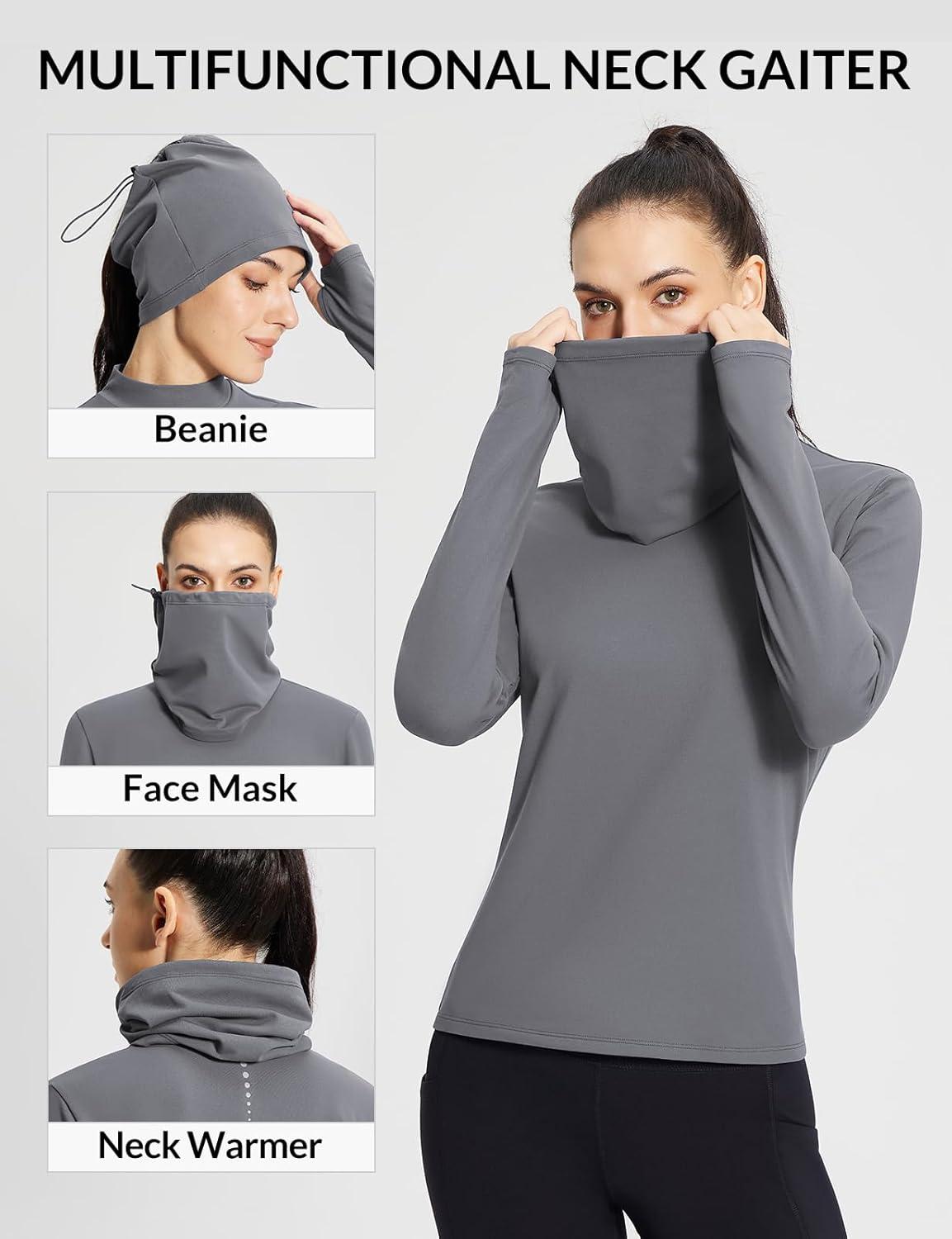 imagebaleaf Womens Thermal Long Sleeve Shirts Fleece Mock Neck Top Warm Undershirts with Detachable Neck Gaiter ThumbholesLight Grey