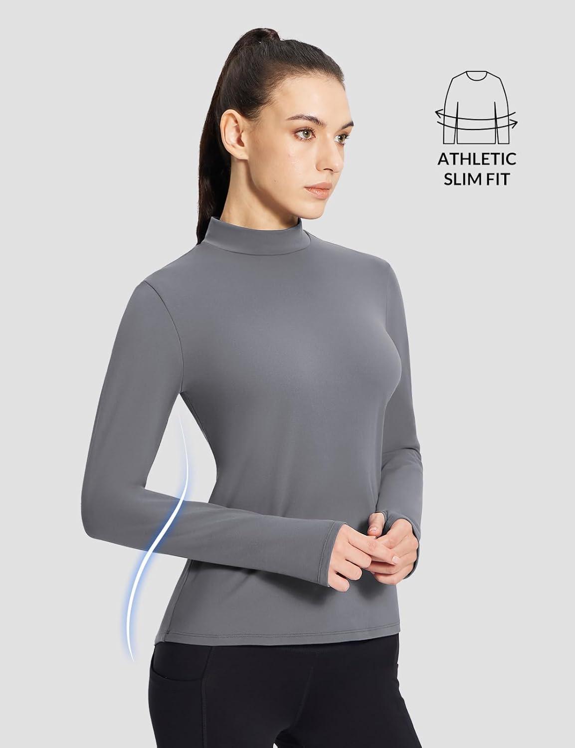 imagebaleaf Womens Thermal Long Sleeve Shirts Fleece Mock Neck Top Warm Undershirts with Detachable Neck Gaiter ThumbholesLight Grey