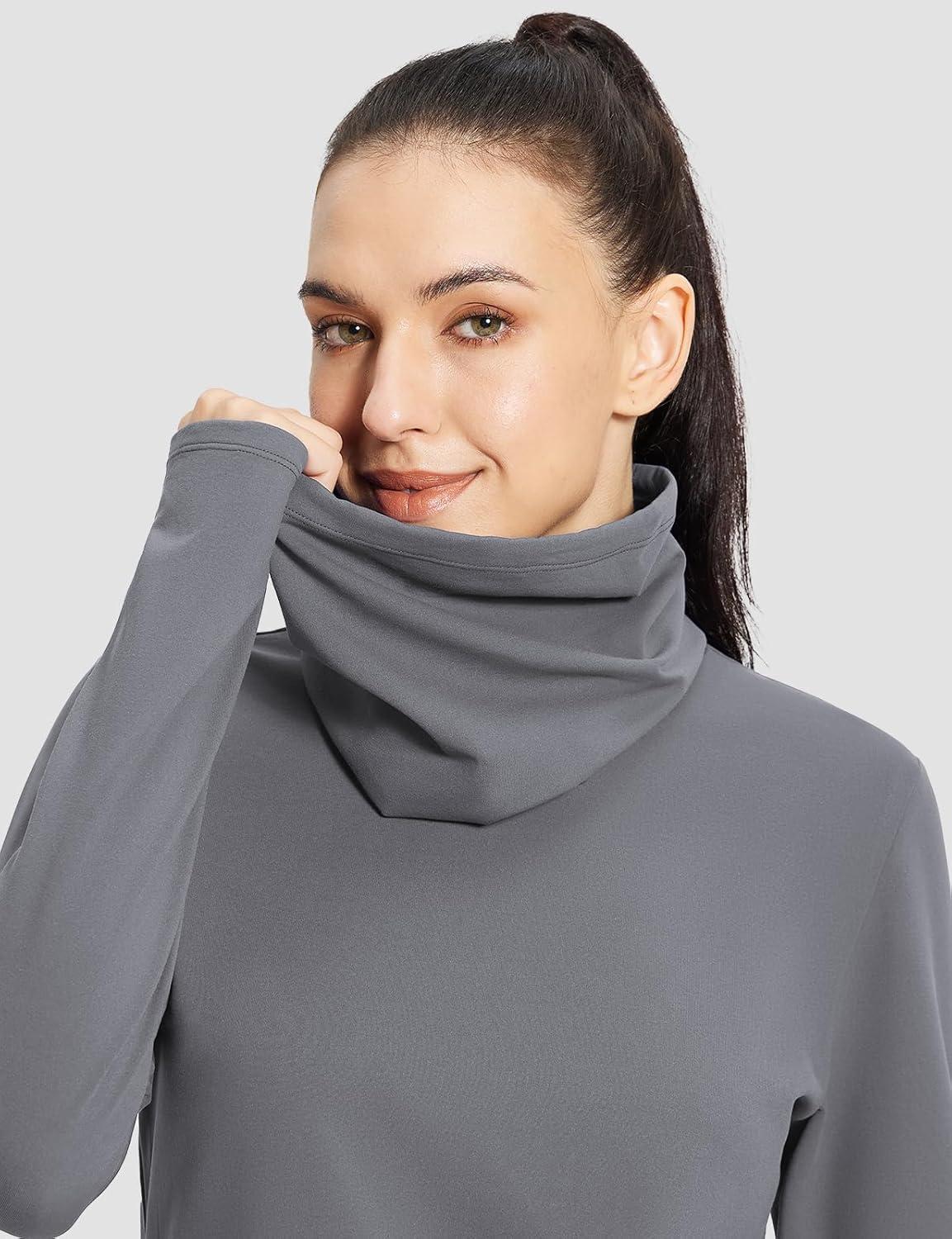 imagebaleaf Womens Thermal Long Sleeve Shirts Fleece Mock Neck Top Warm Undershirts with Detachable Neck Gaiter ThumbholesLight Grey
