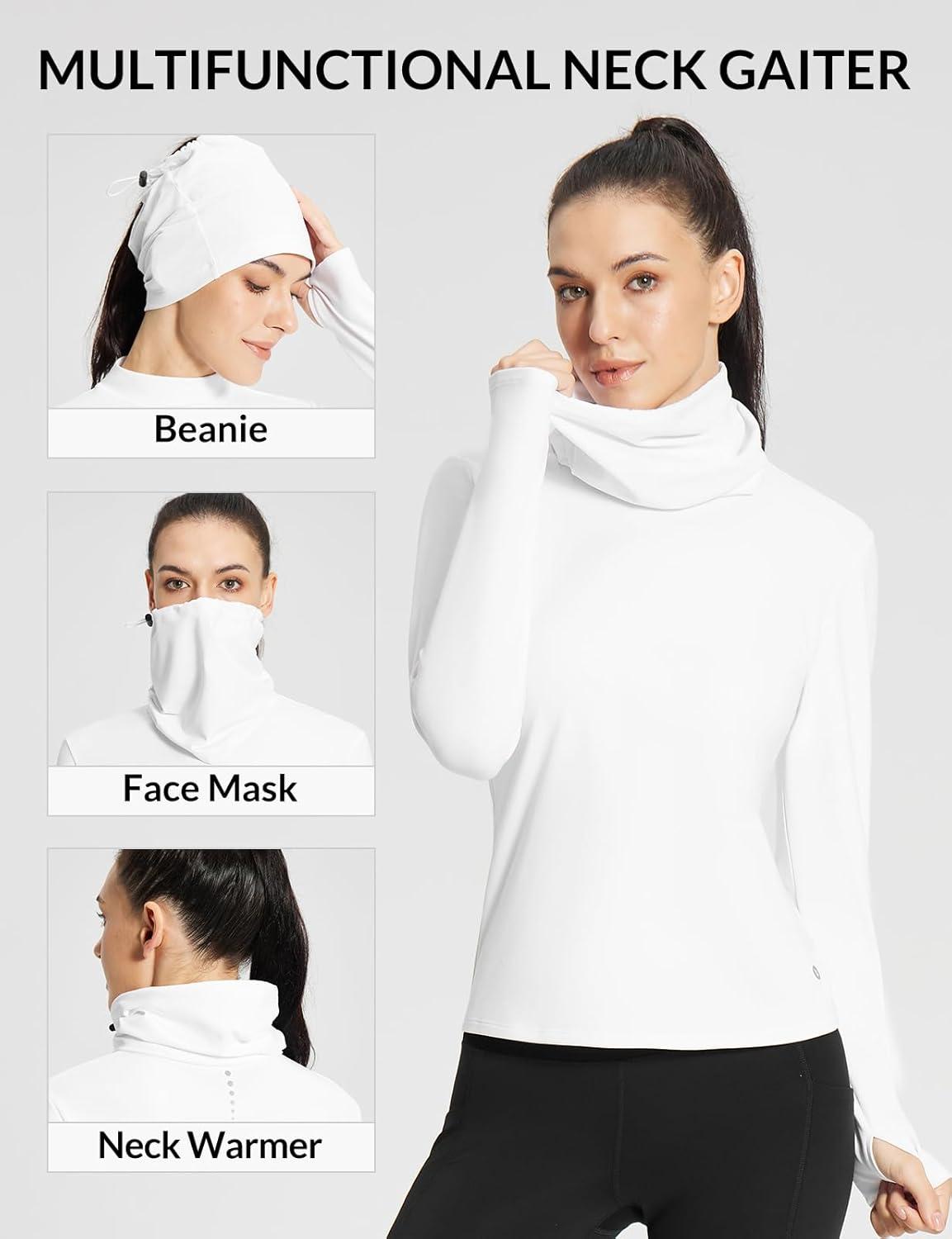 imagebaleaf Womens Thermal Long Sleeve Shirts Fleece Mock Neck Top Warm Undershirts with Detachable Neck Gaiter ThumbholesWhite