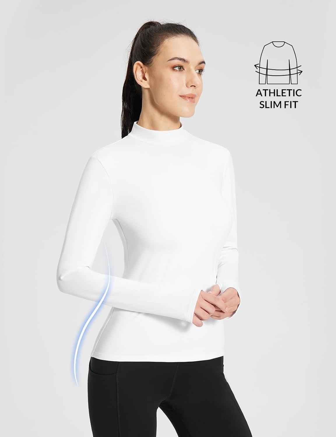 imagebaleaf Womens Thermal Long Sleeve Shirts Fleece Mock Neck Top Warm Undershirts with Detachable Neck Gaiter ThumbholesWhite