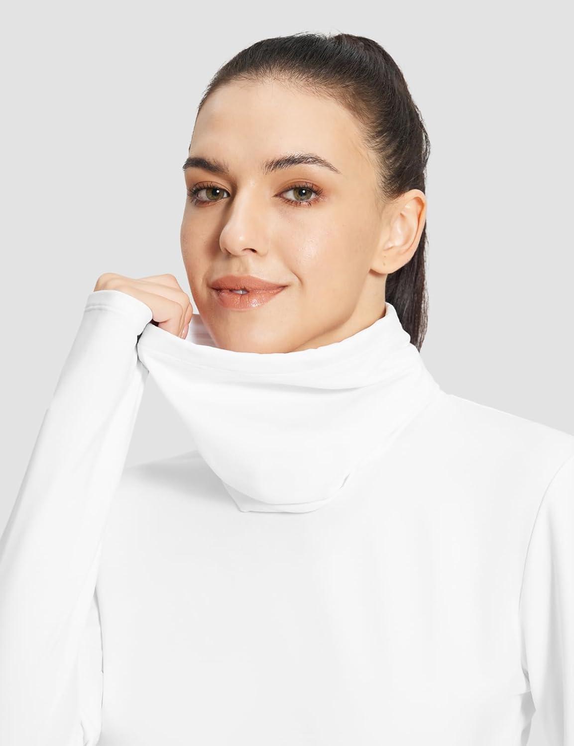 imagebaleaf Womens Thermal Long Sleeve Shirts Fleece Mock Neck Top Warm Undershirts with Detachable Neck Gaiter ThumbholesWhite