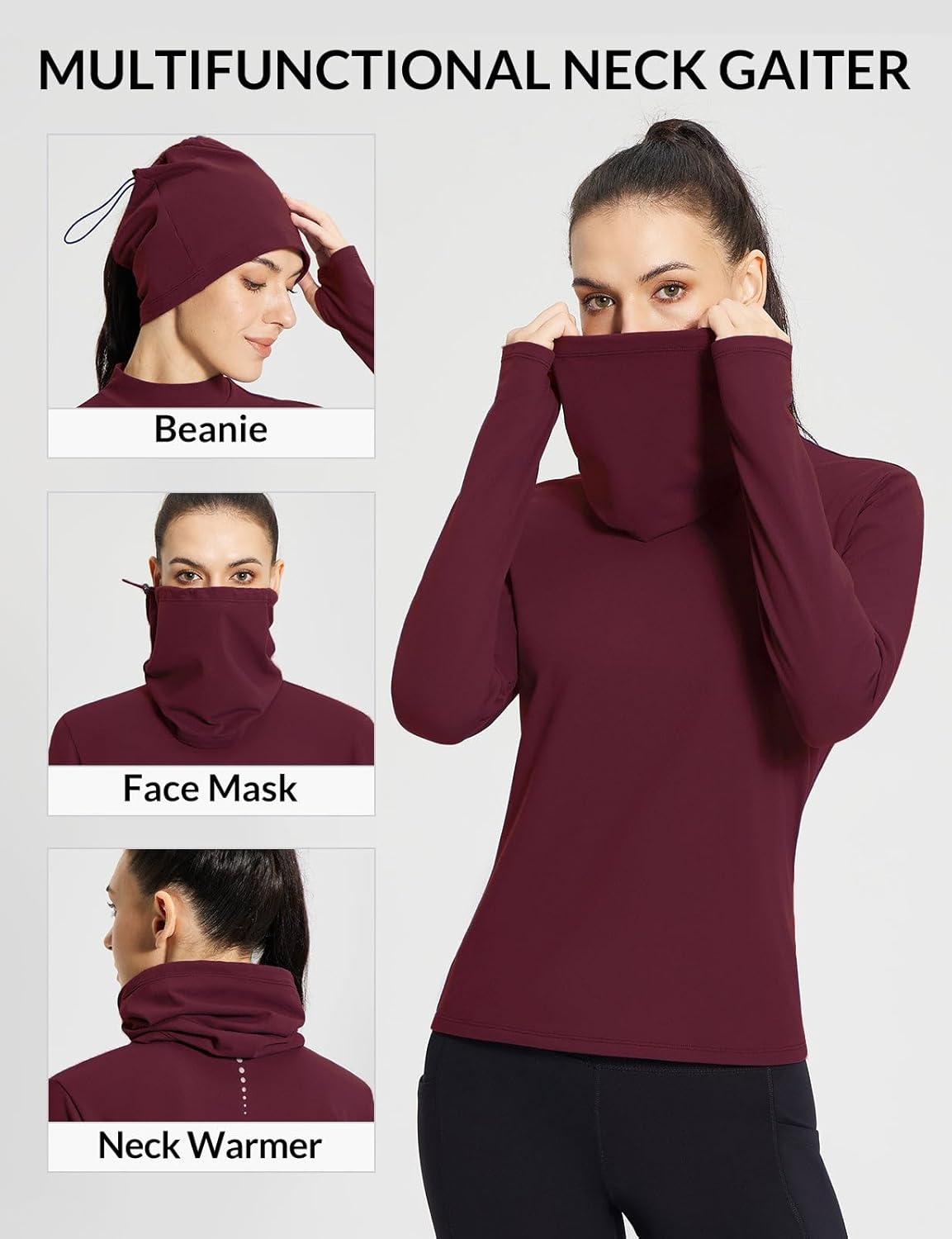 imagebaleaf Womens Thermal Long Sleeve Shirts Fleece Mock Neck Top Warm Undershirts with Detachable Neck Gaiter ThumbholesWine Red