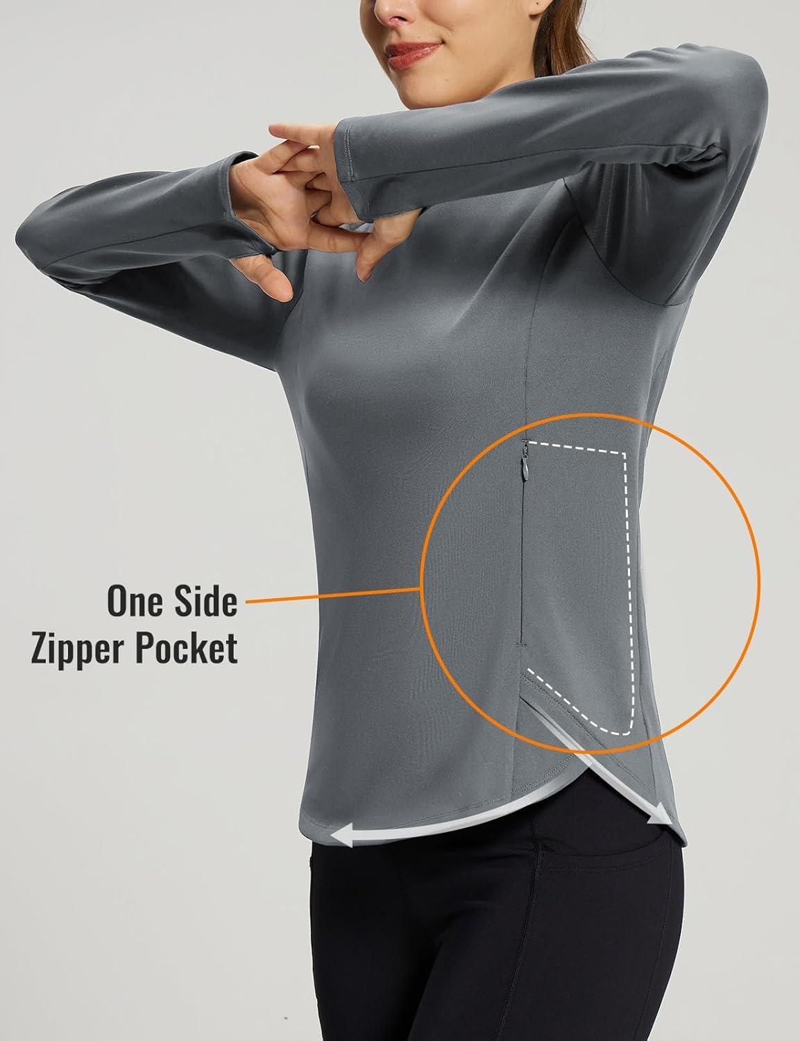 imagebaleaf Womens Thermal Tops Fleece Lined Shirts Long Sleeve Cold Weather Running Gear Workout Zipper Pocket Thumbholes01dark Grey