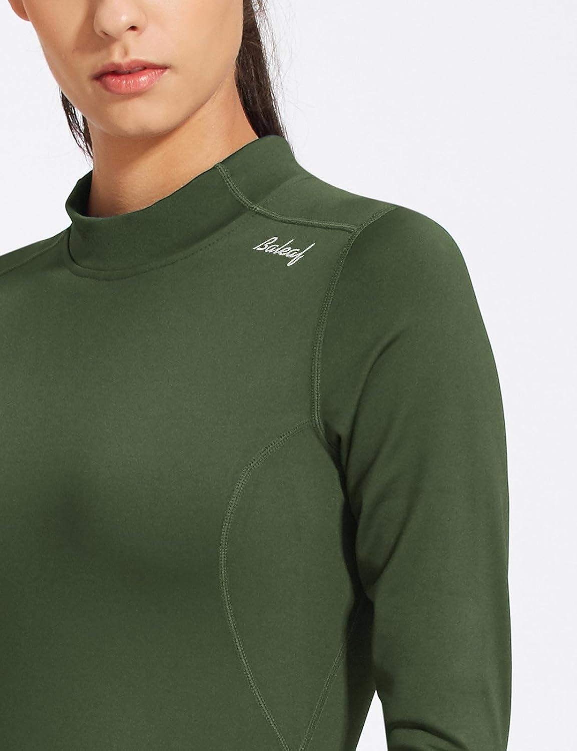 imagebaleaf Womens Thermal Tops Fleece Shirts Running Workout Athletic Base Layer Warm Cold Weather Gear Mock NeckArmy Greenmock Neck