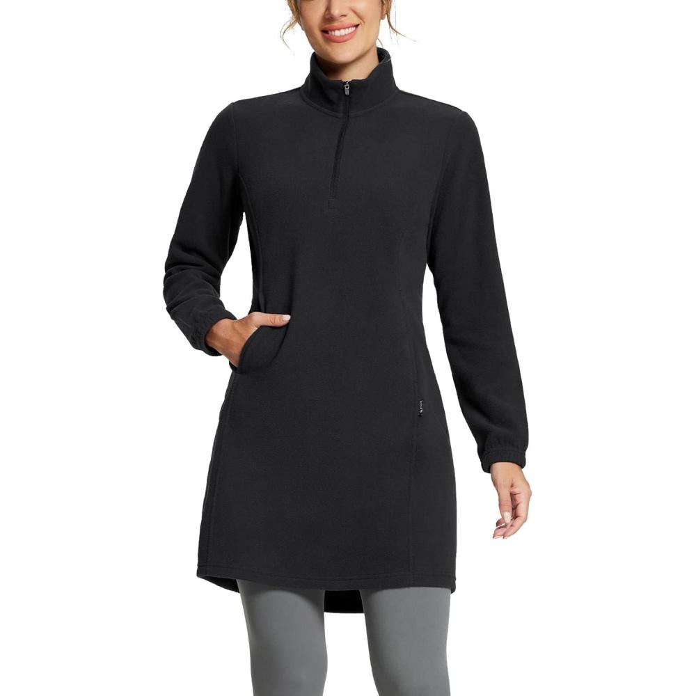 imagebaleaf Womens Fleece Dress Sweatshirt Long Tunic Quarter Zip Pullover Polar Winter Warm Thermal Travel Dress with PocketBlack