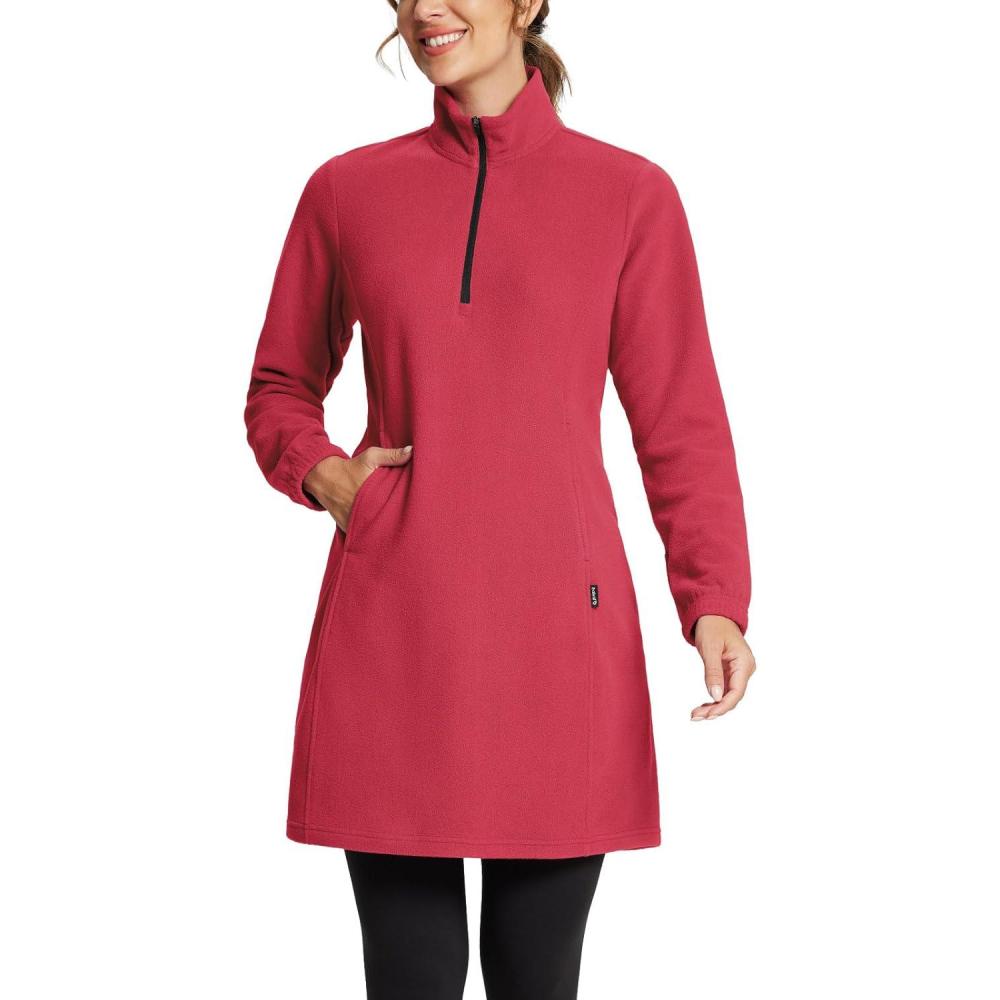 imagebaleaf Womens Fleece Dress Sweatshirt Long Tunic Quarter Zip Pullover Polar Winter Warm Thermal Travel Dress with PocketRed