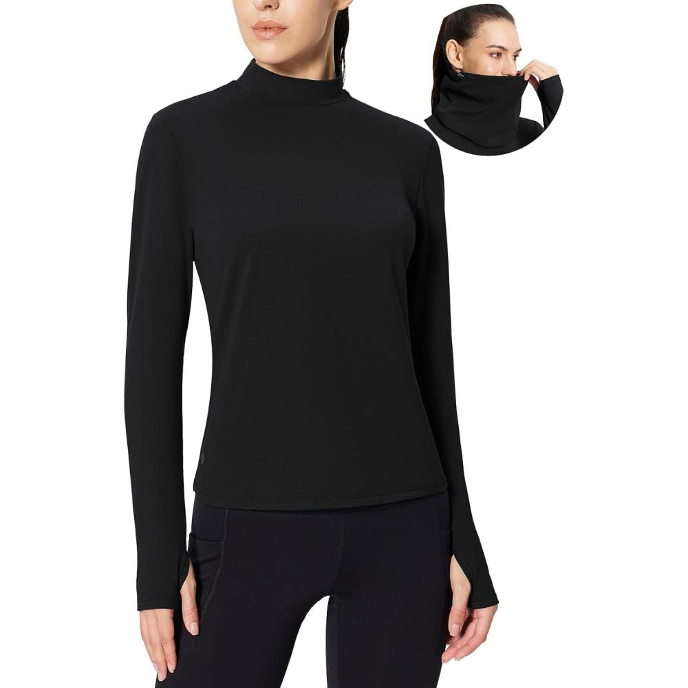 imagebaleaf Womens Thermal Long Sleeve Shirts Fleece Mock Neck Top Warm Undershirts with Detachable Neck Gaiter ThumbholesBlack