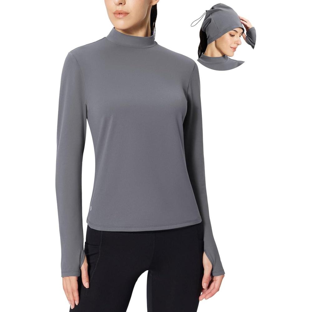 imagebaleaf Womens Thermal Long Sleeve Shirts Fleece Mock Neck Top Warm Undershirts with Detachable Neck Gaiter ThumbholesLight Grey