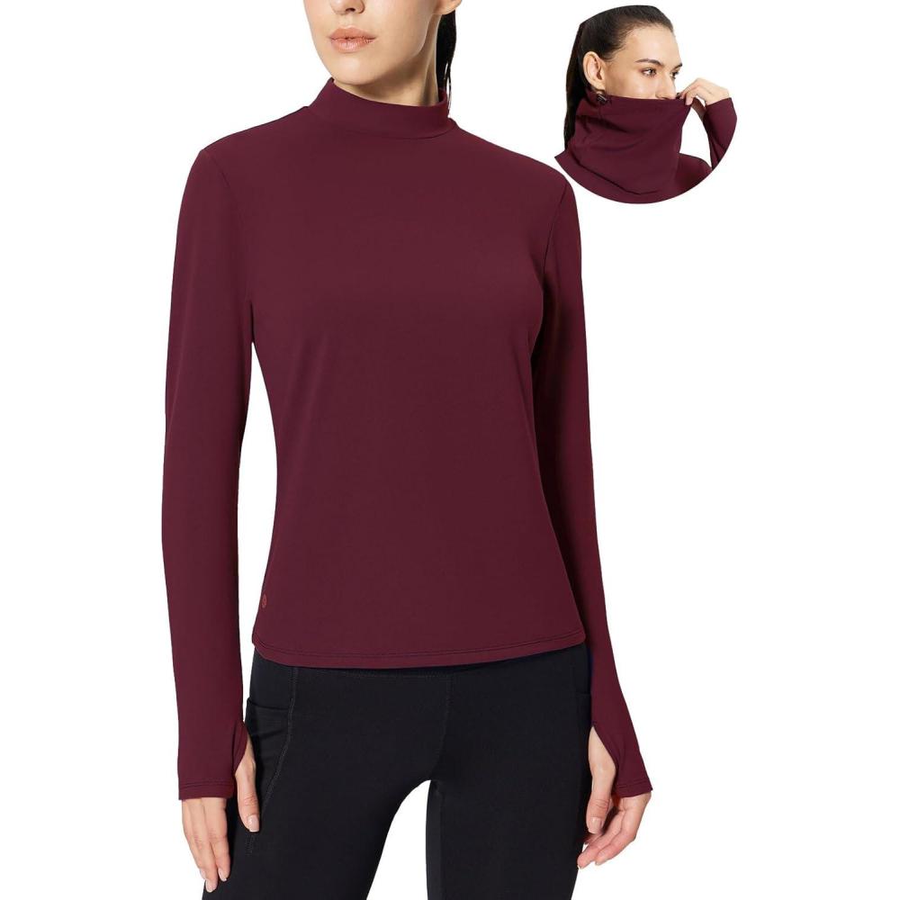 imagebaleaf Womens Thermal Long Sleeve Shirts Fleece Mock Neck Top Warm Undershirts with Detachable Neck Gaiter ThumbholesWine Red