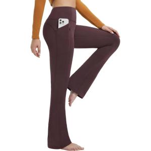 imagebaleaf Fleece Lined Leggings for Women Mini Flare Warm Yoga Pants Stretchy High Waisted with 4 Pockets Workout Casual PantsDark Brown