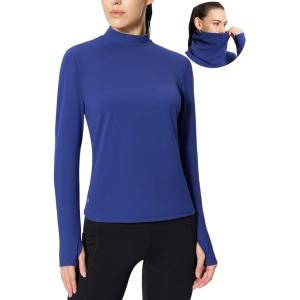 imagebaleaf Womens Thermal Long Sleeve Shirts Fleece Mock Neck Top Warm Undershirts with Detachable Neck Gaiter ThumbholesBlue