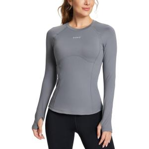 imagebaleaf Womens Long Sleeve Workout Tops Compression Running Shirts Fitted Athletic Warm Thumbholes Quick Dry YogaGreyno Pocket