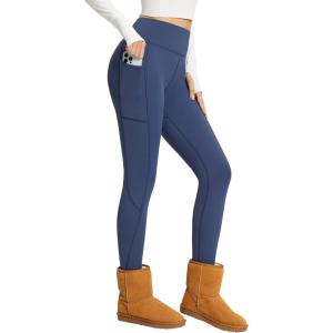 imagebaleaf Womens Fleece Lined Leggings Thick Soft Winter Warm Thermal Waterproof High Waisted Pockets Hiking Running SkiingNavy
