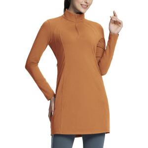 imagebaleaf Womens Fleece Dress Sweatshirt Winter Dress Tunic Long Warm Quarter Zip Up Pullover Jackets with Pocket OutdoorCaramel