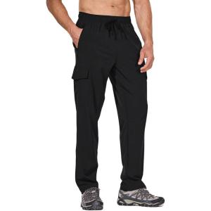 imageBALEAF Mens 32 Hiking Pants Cargo Pockets Lightweight Water Resistant Quick Dry Travel UPF 50 RunningBlack