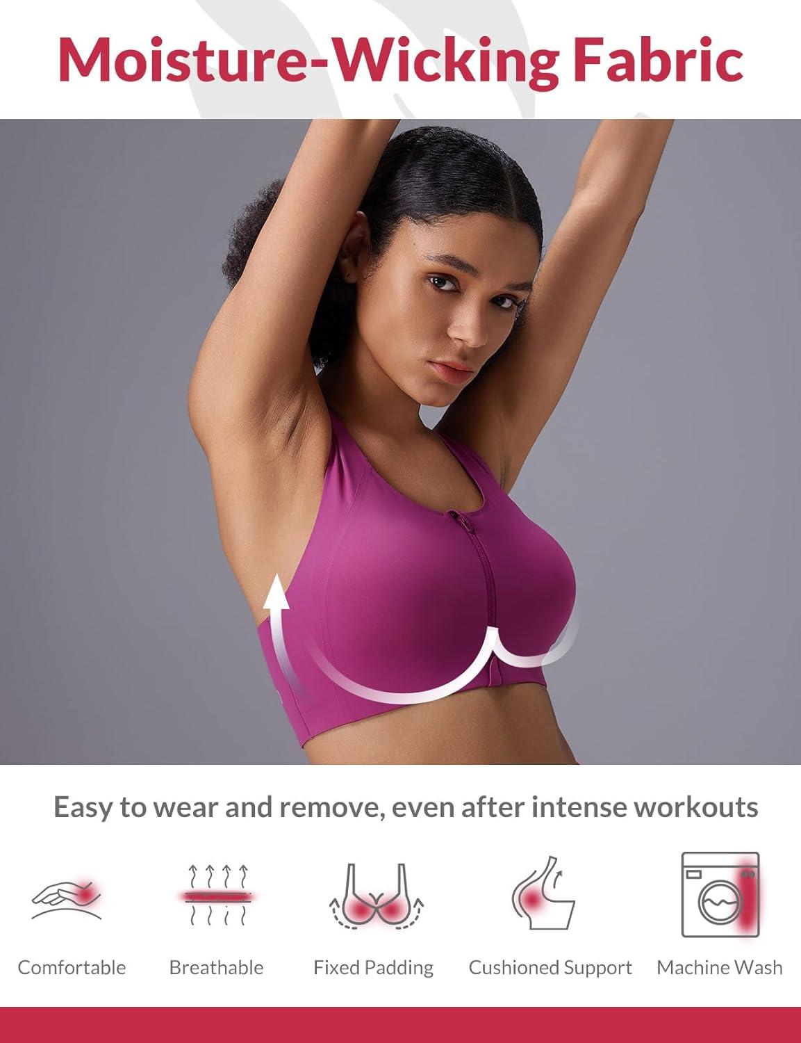 imagebaleaf Sweatleaf Adjustable Sports Bras for Women Padded Racerback Yoga Bra High Impact Molded Cup Workout BraZip Front Rose Red