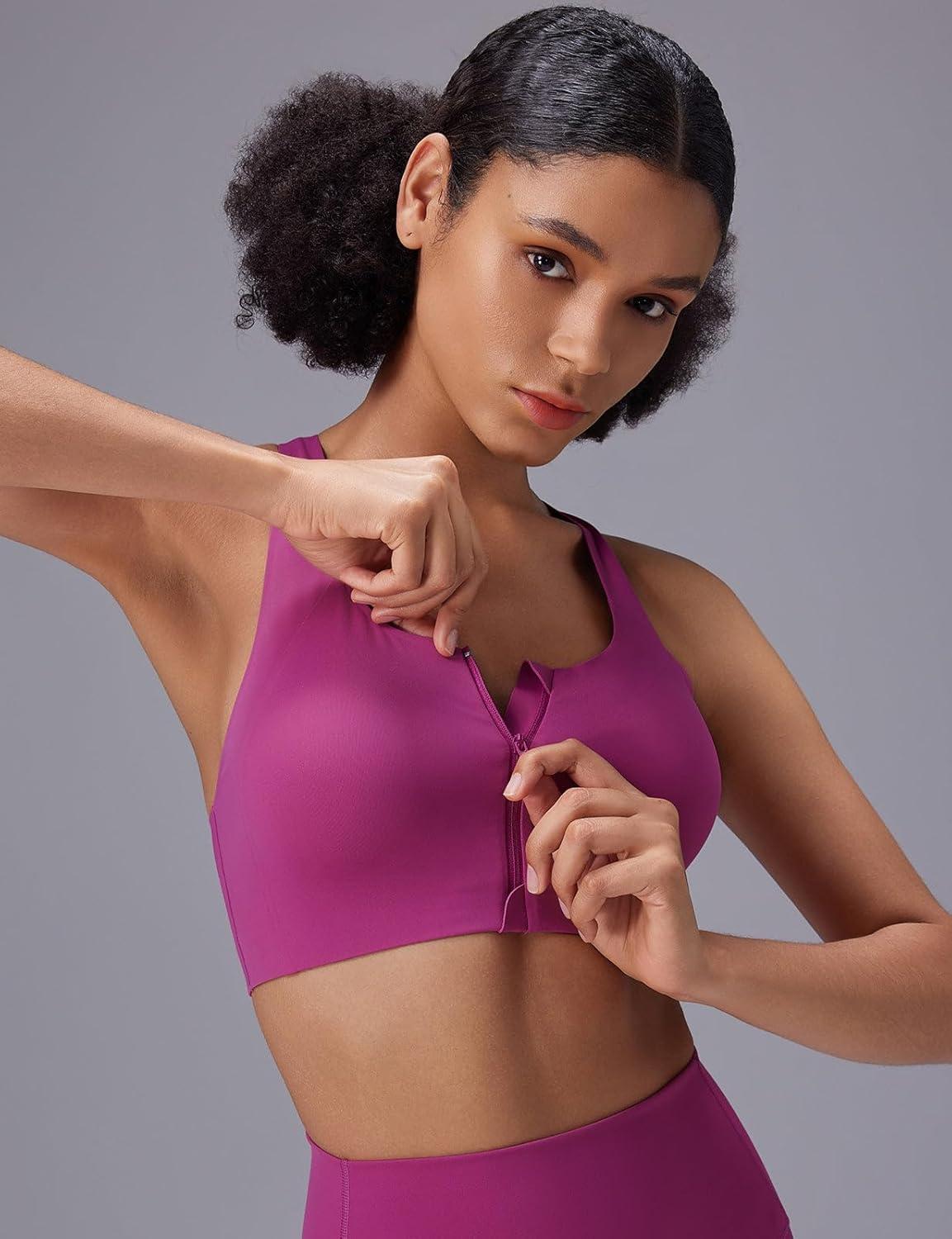 imagebaleaf Sweatleaf Adjustable Sports Bras for Women Padded Racerback Yoga Bra High Impact Molded Cup Workout BraZip Front Rose Red