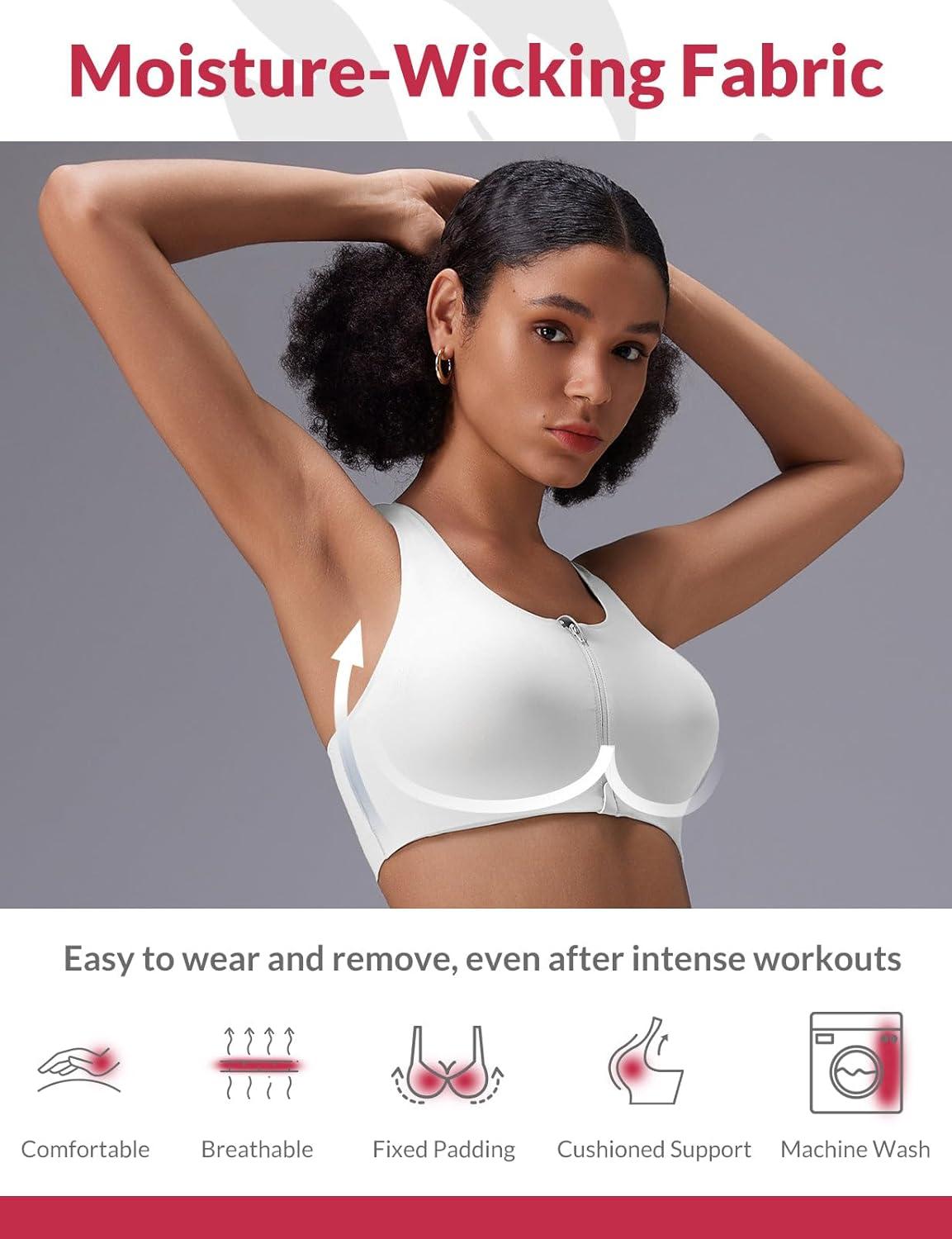 imagebaleaf Sweatleaf Adjustable Sports Bras for Women Padded Racerback Yoga Bra High Impact Molded Cup Workout BraZip Front White