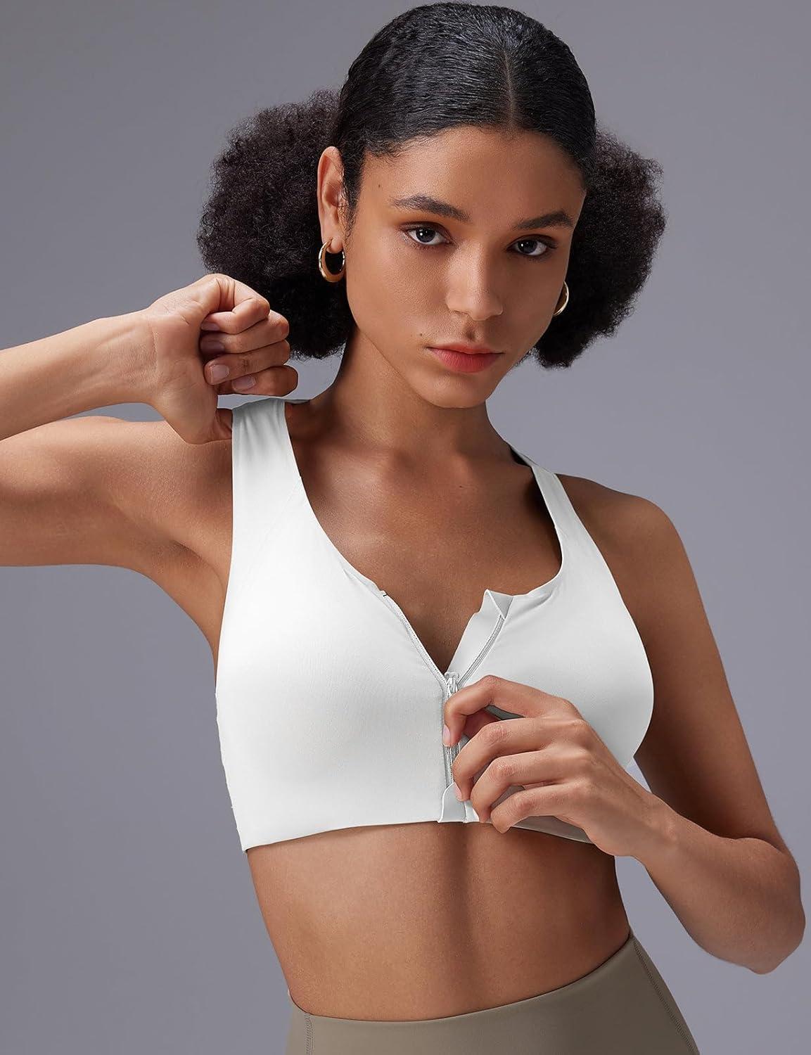 imagebaleaf Sweatleaf Adjustable Sports Bras for Women Padded Racerback Yoga Bra High Impact Molded Cup Workout BraZip Front White