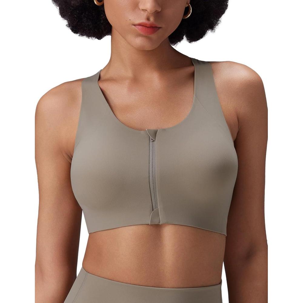 imagebaleaf Sweatleaf Adjustable Sports Bras for Women Padded Racerback Yoga Bra High Impact Molded Cup Workout BraZip Front Khaki