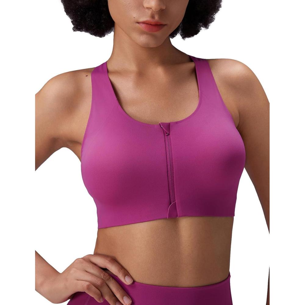 imagebaleaf Sweatleaf Adjustable Sports Bras for Women Padded Racerback Yoga Bra High Impact Molded Cup Workout BraZip Front Rose Red