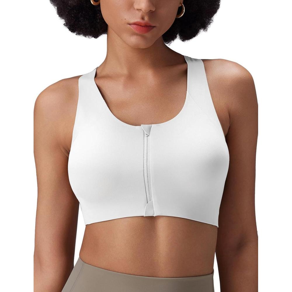 imagebaleaf Sweatleaf Adjustable Sports Bras for Women Padded Racerback Yoga Bra High Impact Molded Cup Workout BraZip Front White