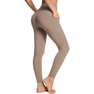 imagebaleaf Womens Leggings with Pockets 25quot V Cross Waist Workout Leggings Tummy Control Yoga Ankle PantsLight Brown