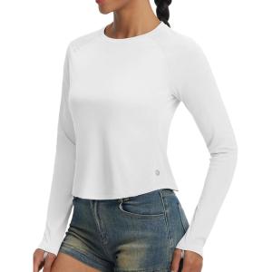 imagebaleaf Womens Long Sleeve Crop Sun Shirts UPF 50 SPF UV Rash Guard Lightweight Slim Fit Workout Hiking Athletic TopsWhite