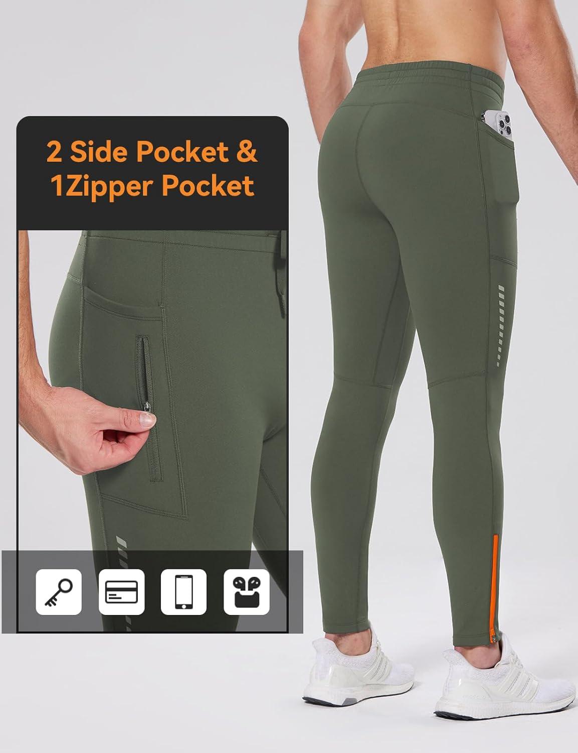 imagebaleaf Mens Thermal Running Tights Fleece Compression Leggings Winter Pants Zipper Pockets Cycling Gear Cold WeatherArmy Green