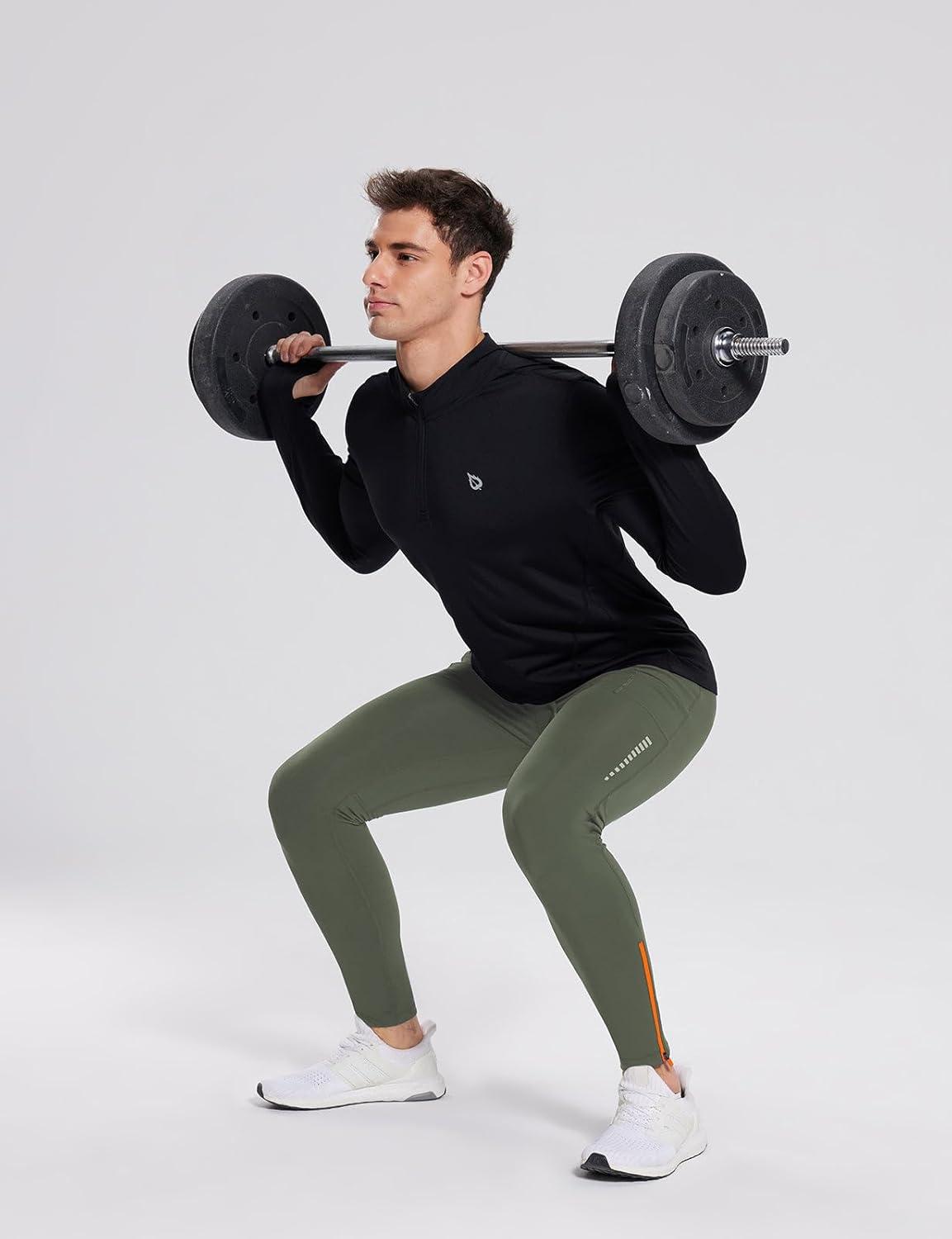 imagebaleaf Mens Thermal Running Tights Fleece Compression Leggings Winter Pants Zipper Pockets Cycling Gear Cold WeatherArmy Green