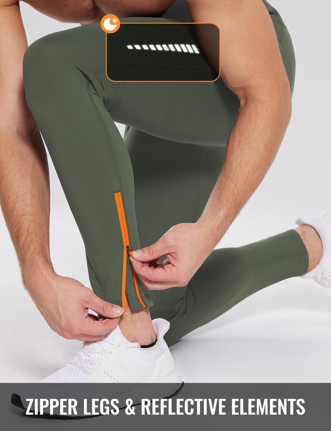 imagebaleaf Mens Thermal Running Tights Fleece Compression Leggings Winter Pants Zipper Pockets Cycling Gear Cold WeatherArmy Green