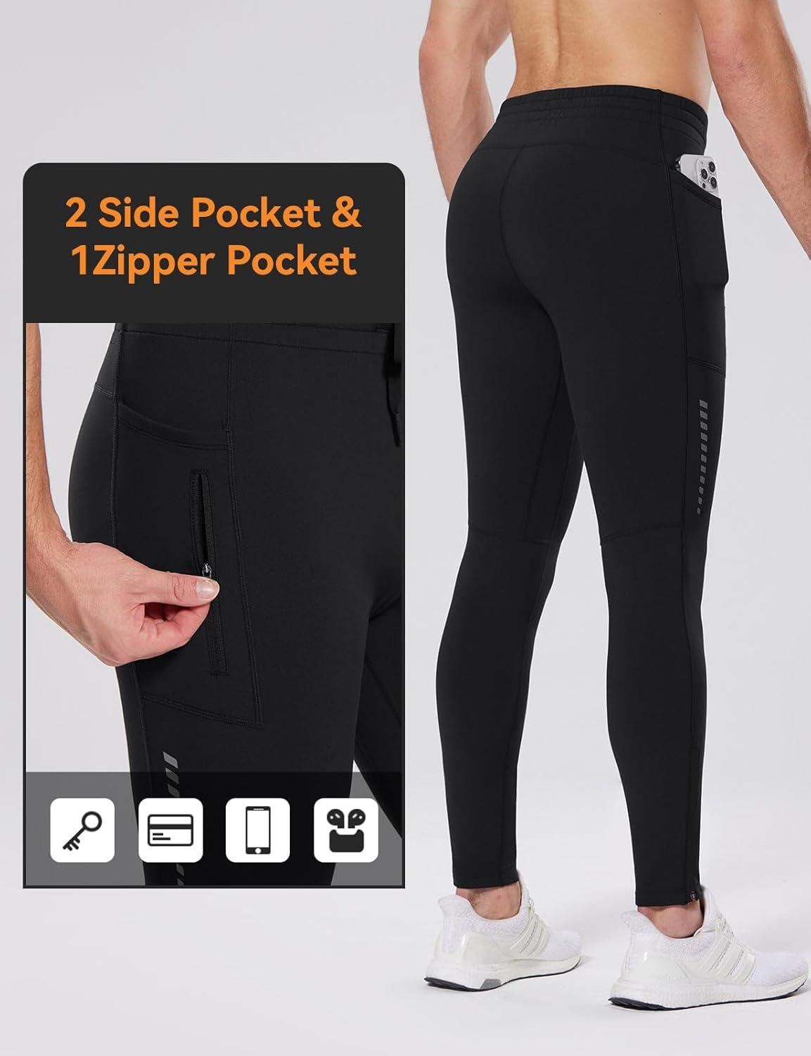 imagebaleaf Mens Thermal Running Tights Fleece Compression Leggings Winter Pants Zipper Pockets Cycling Gear Cold WeatherBlack