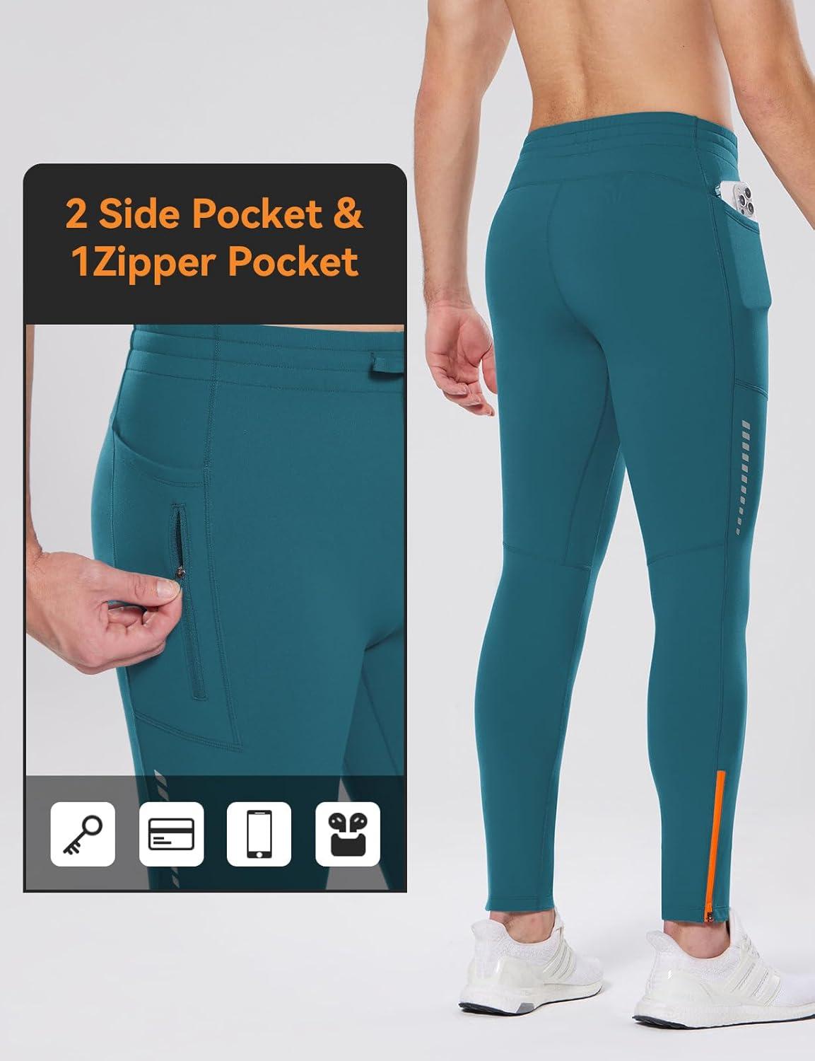 imagebaleaf Mens Thermal Running Tights Fleece Compression Leggings Winter Pants Zipper Pockets Cycling Gear Cold WeatherBlue