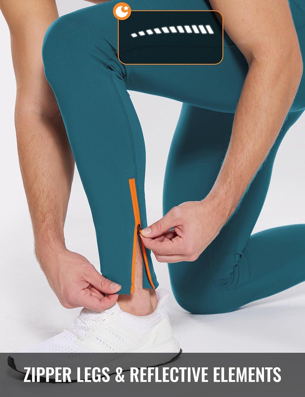 imagebaleaf Mens Thermal Running Tights Fleece Compression Leggings Winter Pants Zipper Pockets Cycling Gear Cold WeatherBlue