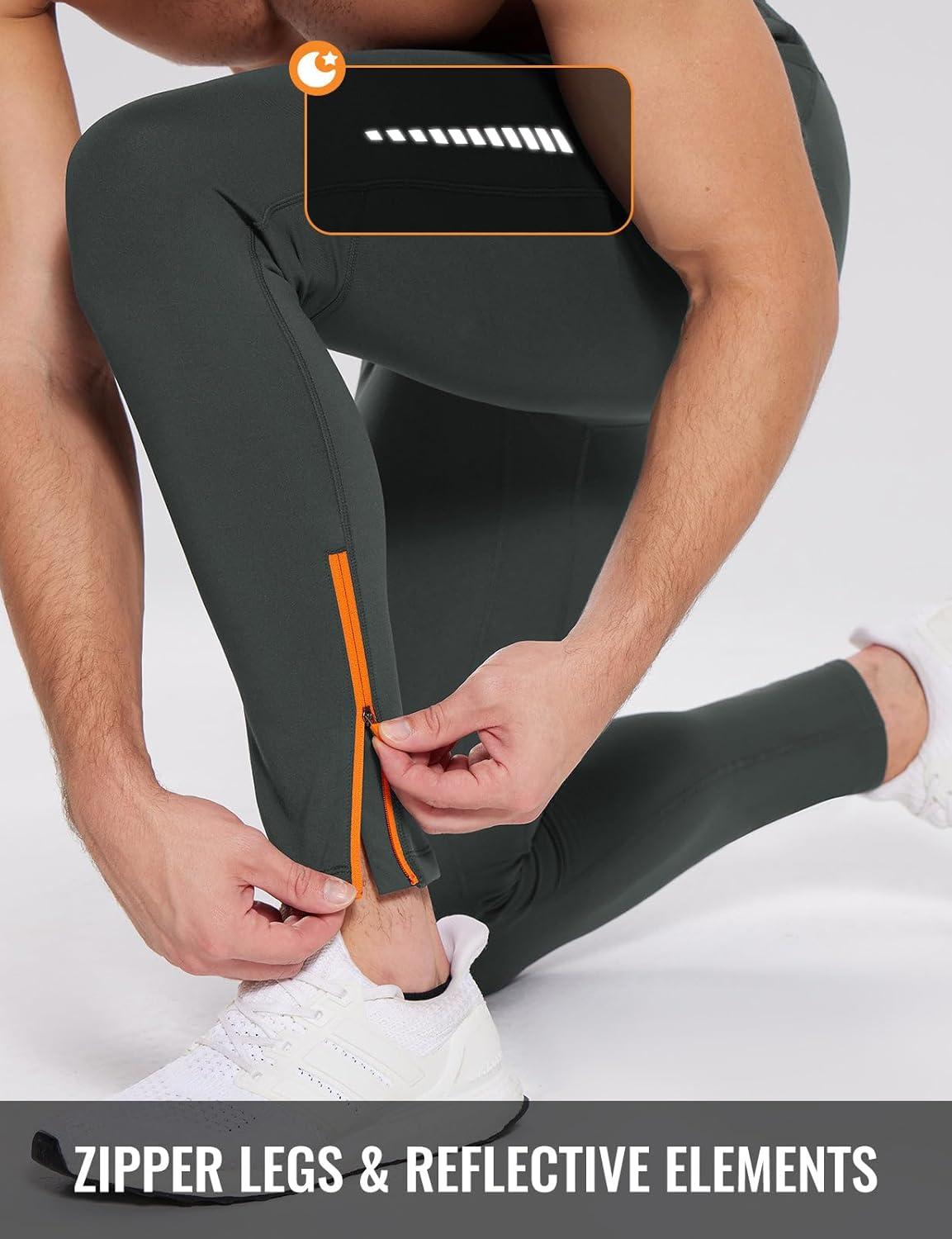 imagebaleaf Mens Thermal Running Tights Fleece Compression Leggings Winter Pants Zipper Pockets Cycling Gear Cold WeatherDark Gray