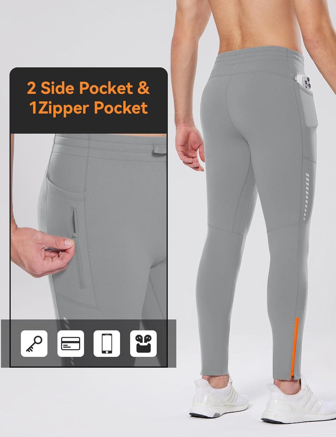 imagebaleaf Mens Thermal Running Tights Fleece Compression Leggings Winter Pants Zipper Pockets Cycling Gear Cold WeatherGray