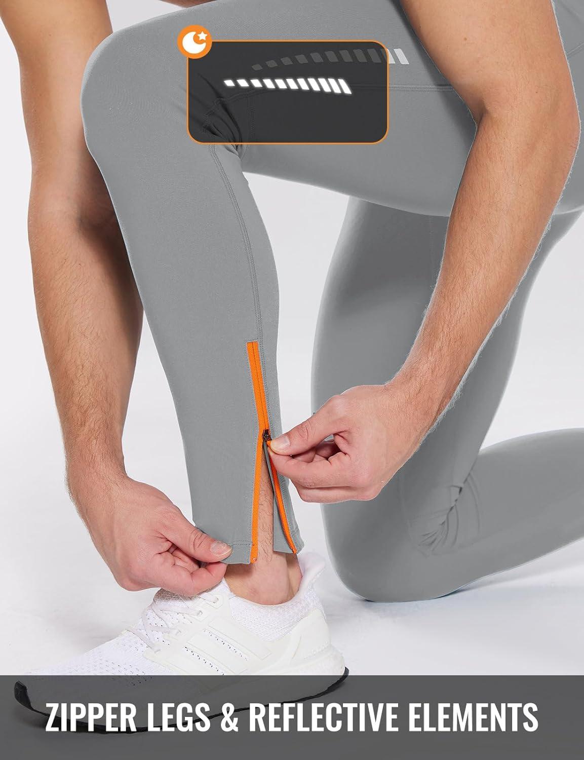 imagebaleaf Mens Thermal Running Tights Fleece Compression Leggings Winter Pants Zipper Pockets Cycling Gear Cold WeatherGray