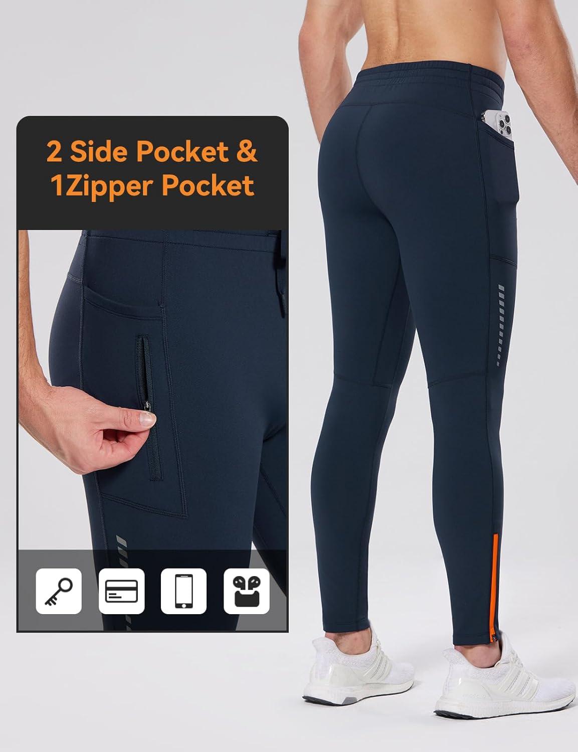 imagebaleaf Mens Thermal Running Tights Fleece Compression Leggings Winter Pants Zipper Pockets Cycling Gear Cold WeatherNavy