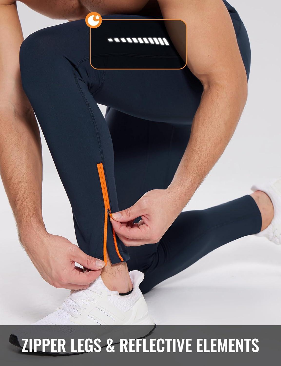 imagebaleaf Mens Thermal Running Tights Fleece Compression Leggings Winter Pants Zipper Pockets Cycling Gear Cold WeatherNavy