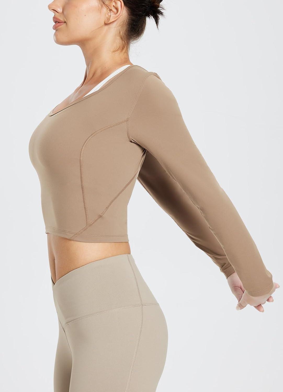 imagebaleaf Nuleaf Scoop Neck Long Sleeve Crop Top for Women Slim Fit Workout Shirts Tight Base Layer Athletic Gym Casual Cocoa Brown L