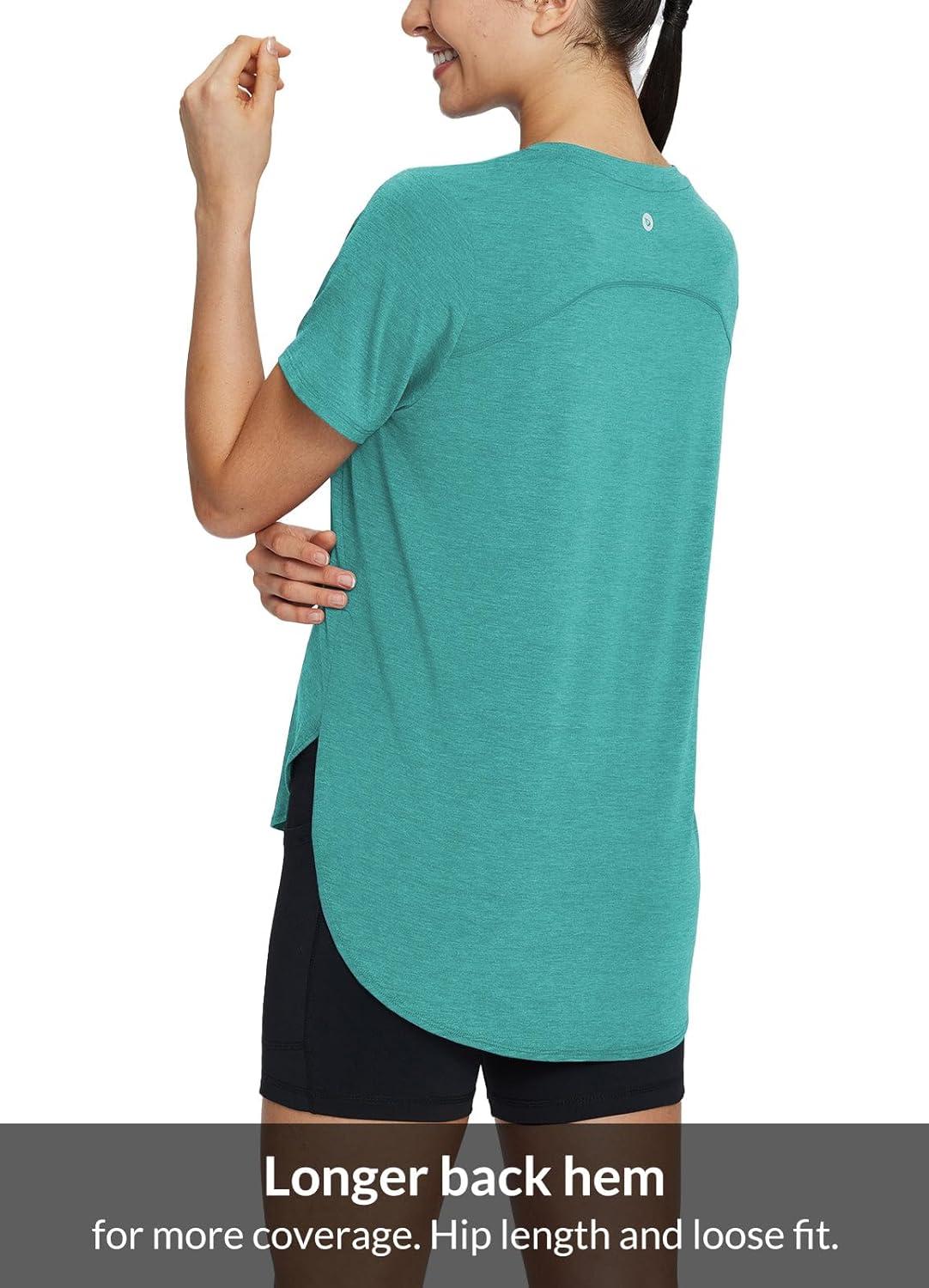 imagebaleaf Womens Short Sleeve Workout Shirts Tops Athletic Yoga Running Shirts Loose Fit with Side Slits Quick Dry TShirtsHeather Green